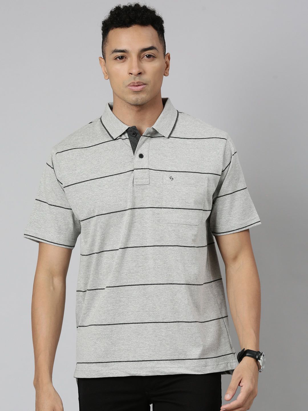 Classic Polo Men's Polo Neck Cotton Navy/Grey Authentic Fit Striped T-Shirt | MEL-255 B AF P