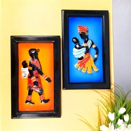 Tribal Women With Child Wall Hanging | Metal Wall Art - For Home, Living Room, Bedroom, Drawing Room, Hotel, Restaurant Decor & Gifts - 16 Inch (Pack of 2)