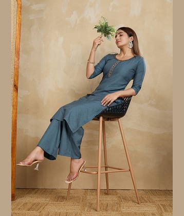 Women Basket Women Cotton Solid Straight Kurti With Pants ( Grey )