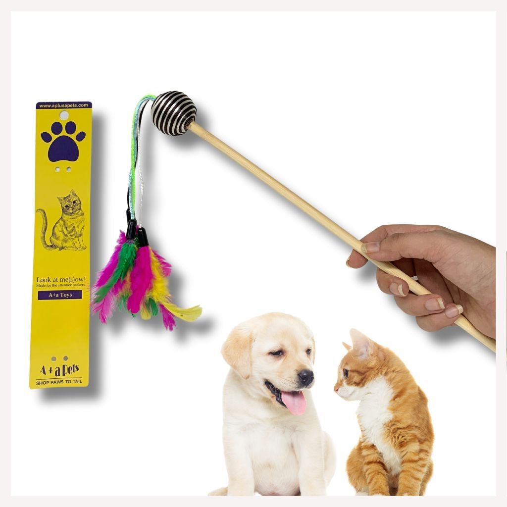 A+a Pets' Cat Wand Teaser Interactive Toy with Round Feather Play Toy for Cats, Puppies, and Small Animals (Dark Green | Light Green | Blue | Black)