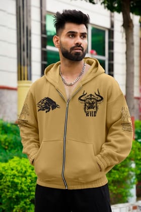 Classic Elegance" Zip-Up Hoodie (Beige)-XXL