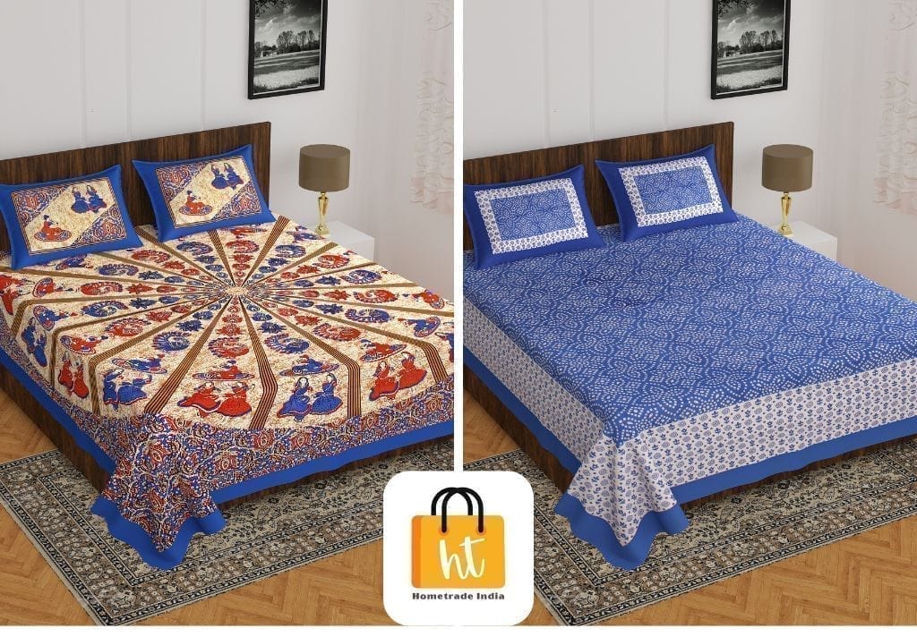 2201-Hometrade India- Standard Double Size (90*100 in )-Combo Jaipuri Double bedsheet With Matching Pillow Cover