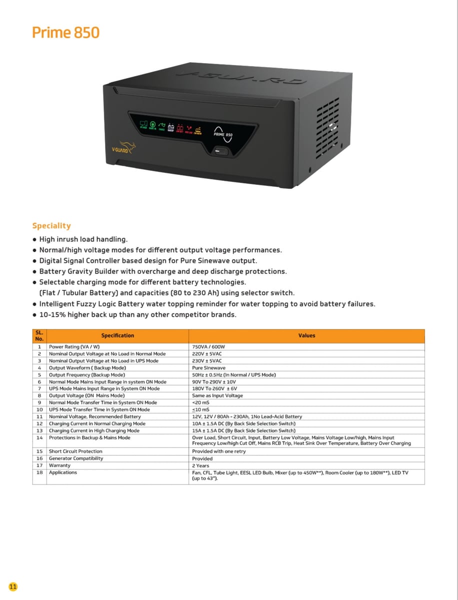 V-Guard Prime 850 Pure Sinewave Inverter | High Inrush Load Handling | Home Power Backup