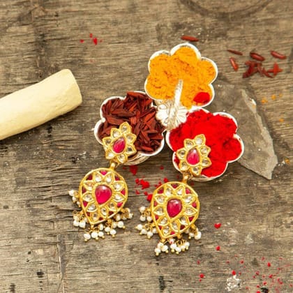 Silver Gold Plated Red Jadau Earring