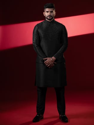 Black Silk Embroidered Jacket Kurta Set-Made To Measure / Churidaar Set