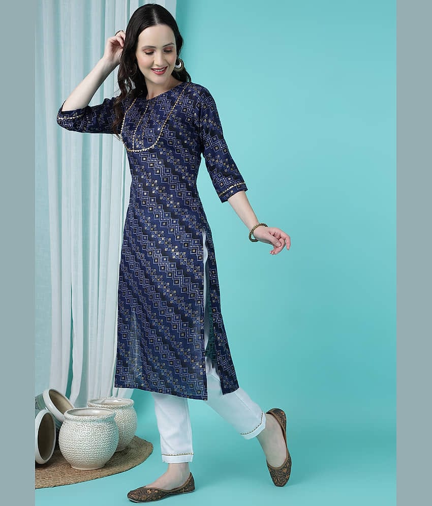TRAHIMAM Cotton Blend Printed Kurti With Pants Women's Stitched Salwar Suit - Blue ( Pack of 1 )