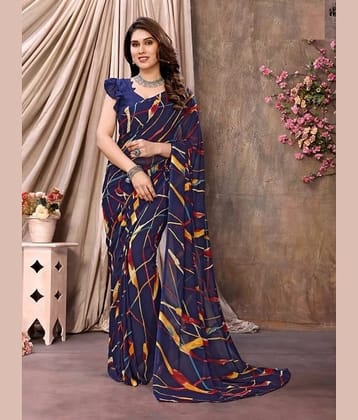 Kanooda Prints Georgette Printed Saree With Unstitched Blouse Piece ( Navy Blue )