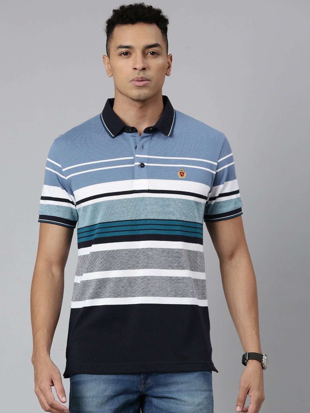 Classic Polo Men's Polo Neck Cotton White/Navy Slim Fit Striped T-Shirt | VTA-278 A SF P