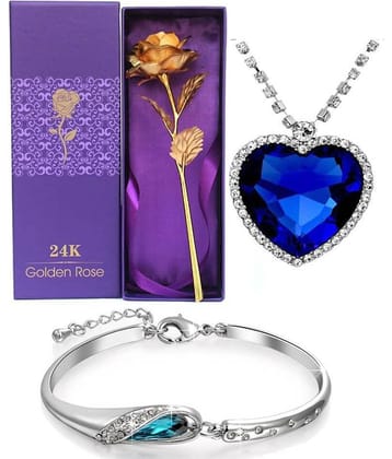 Valentine Gifts for Her : YouBella Jewellery Combo of Heart Crystal Pendant Necklace Set for Women and Girls, Gold Plated Rose Flower and Crystal Jewellery Bangle Bracelet for Girls