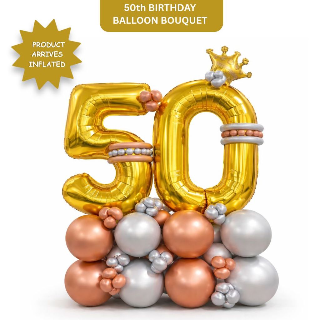 Signature Number 50 Large Golden Balloon Bouquet Arrangement with Small Crown & Silver, Rosegold Latex Balloons - Party and Festive Needs | Buy online on ZillyBuy