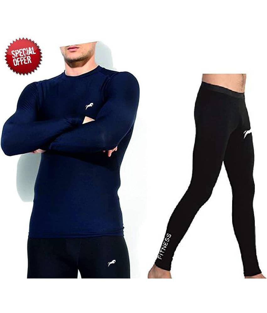 Just Rider Unisex 100% Polyester Compression Full Sleeve T-Shirt, Top & Full Length Compression Lower Tights Gym Wear Running Wear (Pack of 2 )