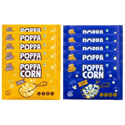 POPPACORN Microwave Popcorn 100gx5 Pouches Golden Buttery & 100gx5 Pouches Natural Salty, 1 Kg Pack of 10
