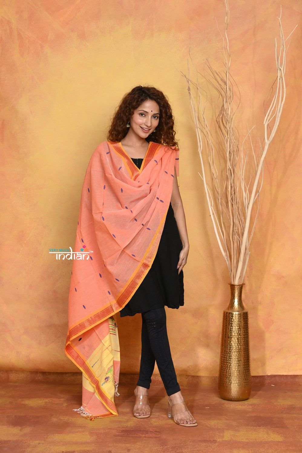 Mastaani ~ Handloom Pure Cotton Paithani Dupatta With Beautiful Handweave and Tassels ~ Orange