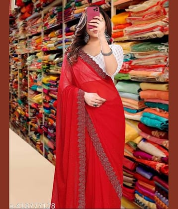 Shivadit ethnic Georgette Embroidered Saree With Unstitched Blouse Piece ( Red )