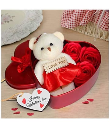 NIHIT Red Heart Valentines day Tin Gifts BOX (3 Pieces Roses 1 Small Bear)