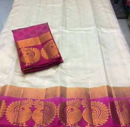 Women's Kanjivaram Silk Saree with Unstitched Blouse Piece (White, 5-6 Mtrs)