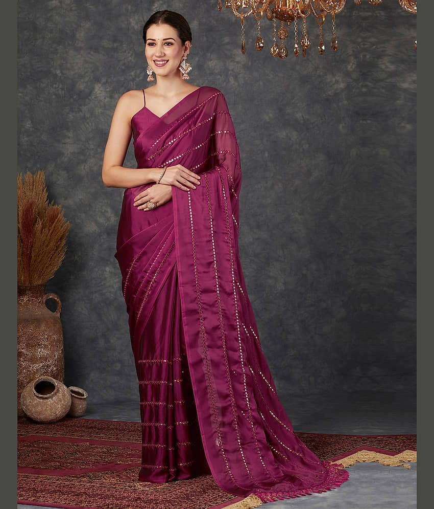 Samah Georgette Embellished Saree With Unstitched Blouse Piece ( Magenta )