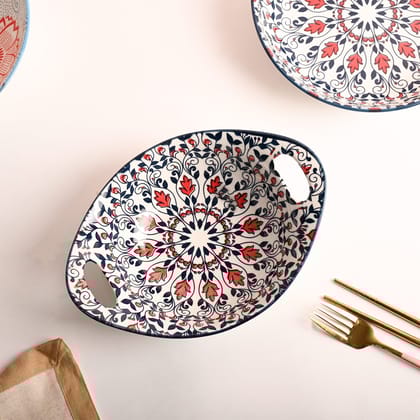Elegant Ceramic Floral Mandala Serving Bowl with Handles - Red & Blue Design