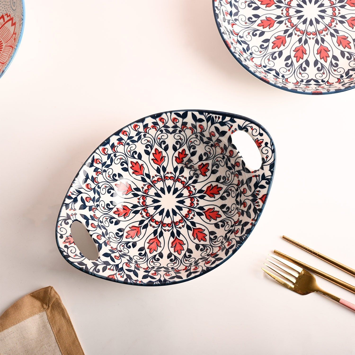 Elegant Ceramic Floral Mandala Serving Bowl with Handles - Red & Blue Design