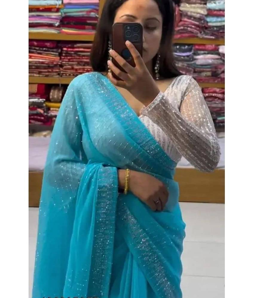 Gullak Georgette Embellished Saree With Unstitched Blouse Piece ( Aqua Blue )