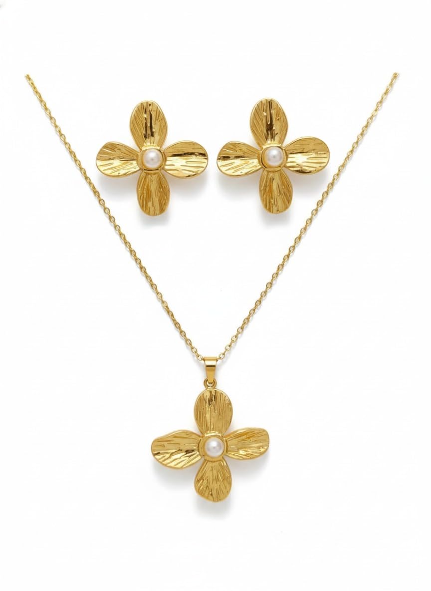 GemGleam Gold Plated Pearl Pendant Set with Earrings for Women | Elegant Designer Jewellery | Anti-Tarnish | Skin-Friendly | Stylish Lightweight Jewellery for Girls (Blossom Pearl)
