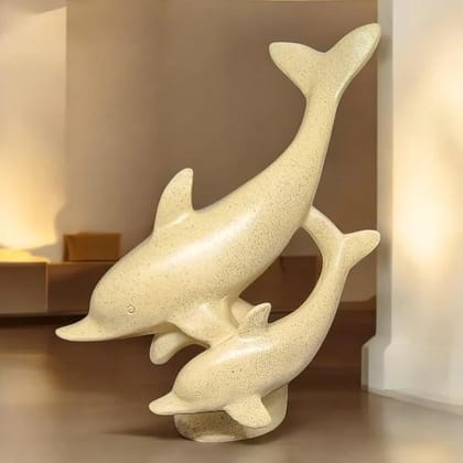 Dolphin Figurine Pair – Minimalist Beige Polyresin Sculpture of Parent and Baby Dolphins – Coastal Theme Tabletop Decor for Shelf, Mantel, or Gift