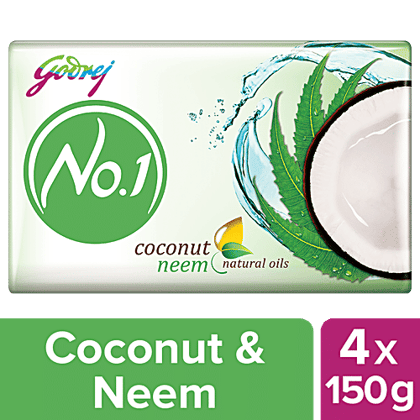 Godrej No.1 Coconut & Neem Bathing Soap, Gives Silky Smooth Skin, 150 g (Pack of 4)