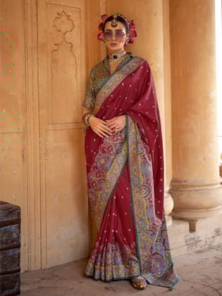 Maroon Poly Viscose Silk Woven Butti Position Print Desginer Saree