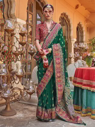 Dark Green Soft Silk Butta & Pashmina Printed Saree
