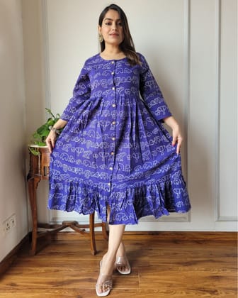 Nazakat Cotton Blocprinted Royal Blue Long Dress-S (36)