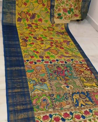 Syaahi Mangalagiri Pattu Kalamkari Mustard Yellow Saree