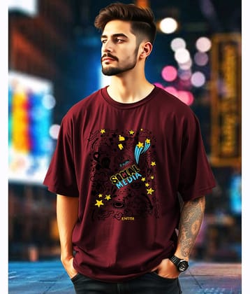 ENITOR Men Cotton Blend Oversized Fit Printed T-Shirt ( Maroon )