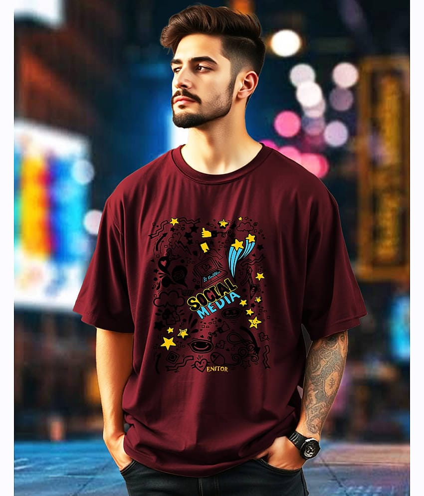 ENITOR Men Cotton Blend Oversized Fit Printed T-Shirt ( Maroon )