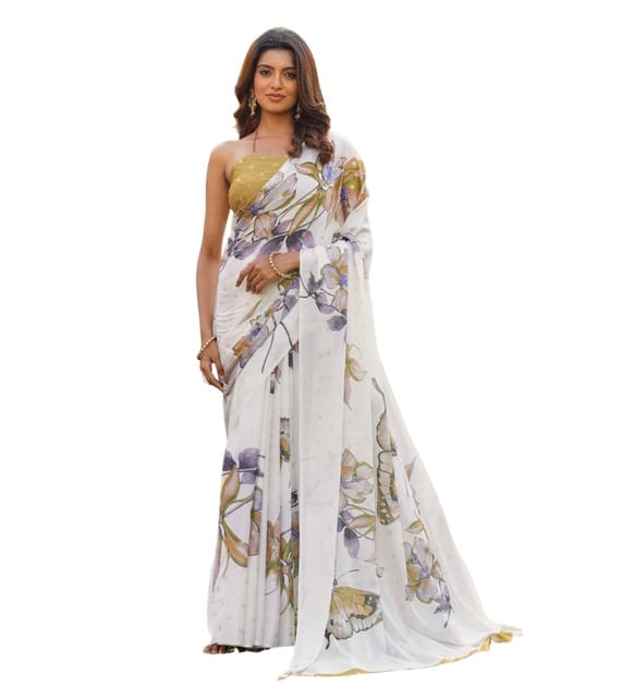 Generic Women's Georgette Floral & Butterfly Printed Saree with Unstitched Blouse Piece, Soft Lightweight 5.5 m Sari for Daily, Casual and Wear (Off White-Mustard, Design 67623)