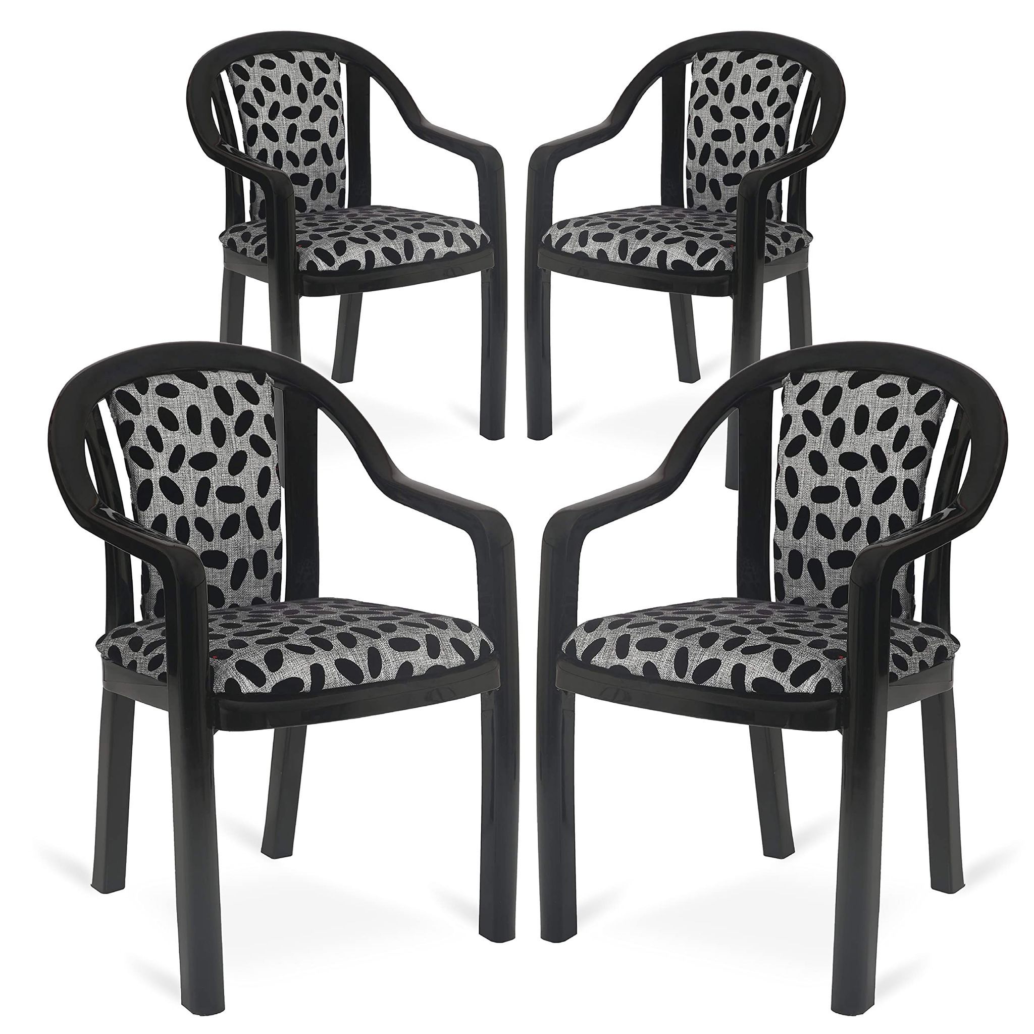 Supreme Furniture Ornate Plastic Cushion Chair with-Arm Suitable for Home, Garden, Office, Living Room, Cafeteria, Restaurant, Hotel, Resort and Indoor(Set of 4, Black-Black Egg)