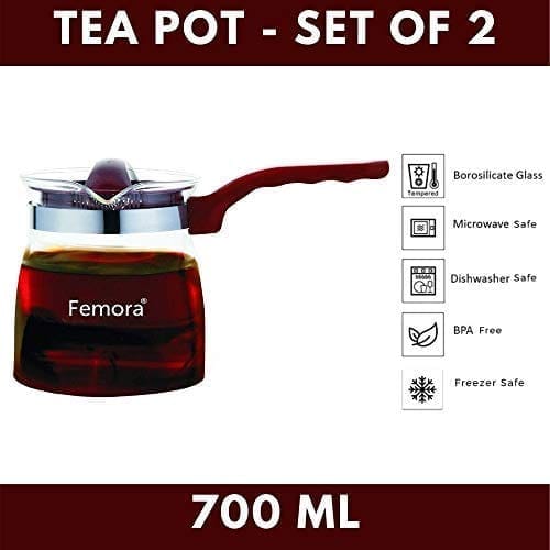 Femora Borosilicate Glass Flame Proof Tea Pot- 700 ML (Serving 4 Cup) Set of 2