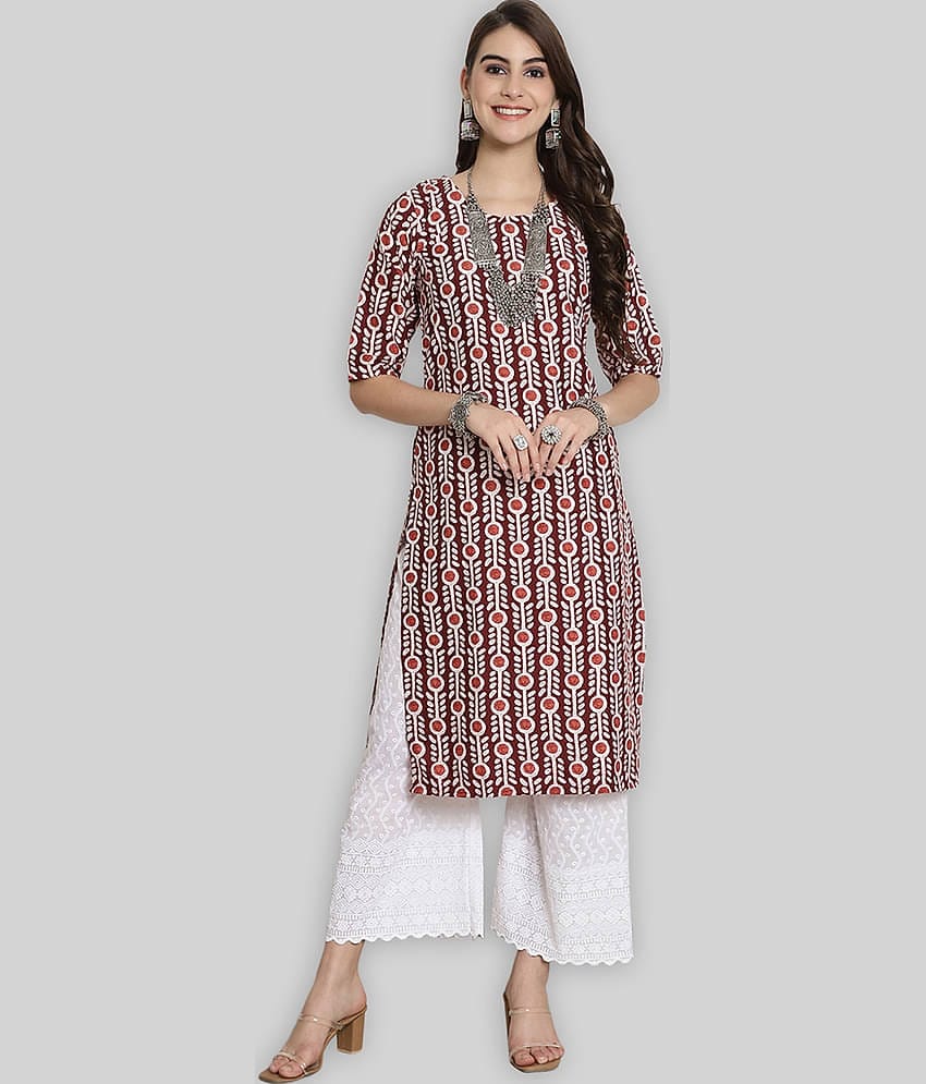 7Threads Crepe Printed Straight Women's Kurti - Beige ( Pack of 1 )