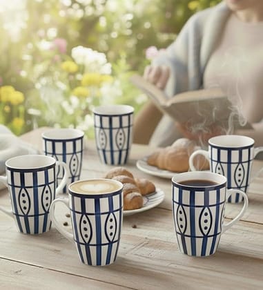 Table & Tale Premium Porcelain Mug | Blue & White Hand-Painted Design | Crafted in Sri Lanka | Vegan, Bone-Ash Free | Durable, Scratch-Resistant | Ideal for Coffee, Tea & Gifting | Set of 6