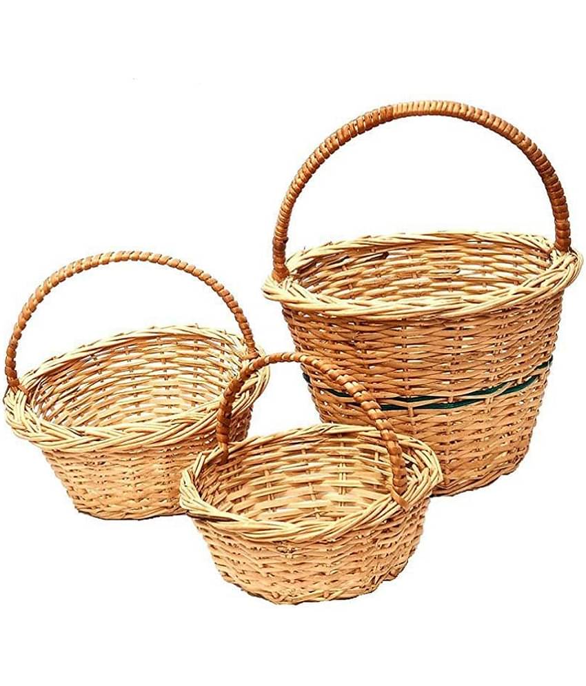 PRANSUNITA Decorative Multipurpose Storage and Gifting Round Kashmir Wicker Handle Basket - Set of 3 Sizes