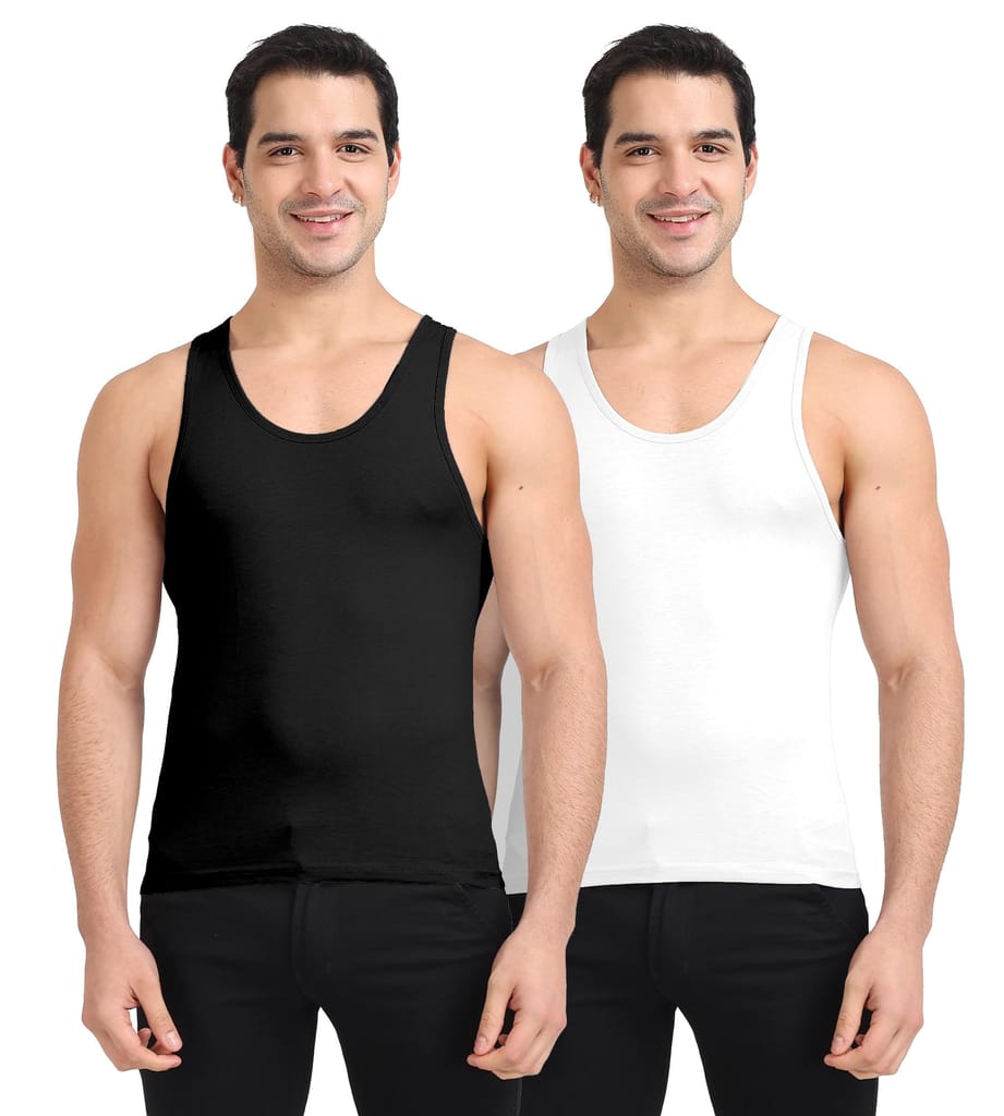Freecultr Cotton Vest for Men Sleeveless Lightweight Solid Round Neck Comfort Vests Breathable & Comfortable Innerwear Sando for Man Regular Fit  Pack of 2-Black,White - Vests | Buy online on ZillyBuy