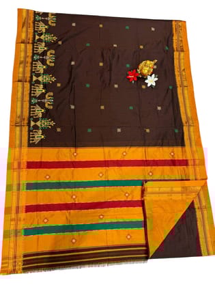 Karnataka Traditional Handcrafted Festive Saree with Luxurious Brown Base, Vibrant Colors, and Intricate Patterns, Including a Matching Blouse Piece, Ideal for Cultural Events and Celebrations
