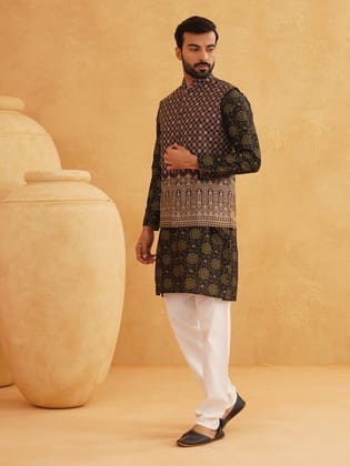 Men's Silk Blend Print Black Kurta and Off-White pyjama With Wine Nehrujacket-36