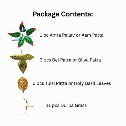 MAYAPURI Brass Puja Leaves Set � 1 Amra Pallav, 3 Bel Patra, 6 Tulsi Patta, 11 Durba Grass | Reusable Metal Puja Accessories for Temple, Home, and Festivals