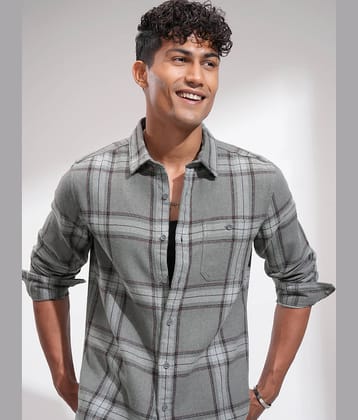 Highlander Poly Cotton Slim Fit Checks Full Sleeves Men's Casual Shirt - Grey ( Pack of 1 )