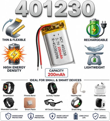 NOVEL 3.7V 200mAh Lithium Polymer Rechargeable Battery Model 401230 | Compatible with Smart Watches, Fitness Bands, Smart Rings, Hearing Aids and Earbuds