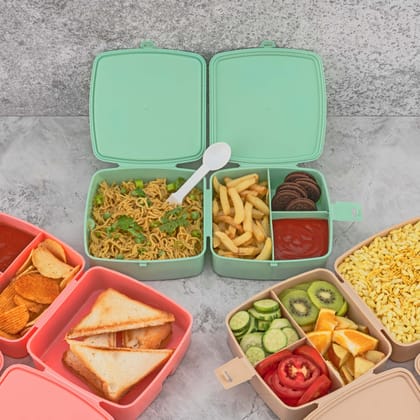 Double-Layer Square Lunch Box with Spoon: 4-Compartment Tiffin & Push Lock - Plastic Tiffin Box for Travel, School Kids, Office