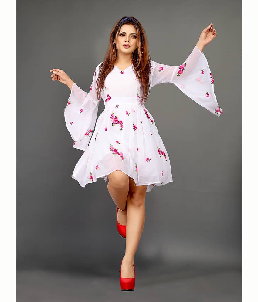 Lady Shopi Women Georgette Printed Fit & Flare Dress ( White )