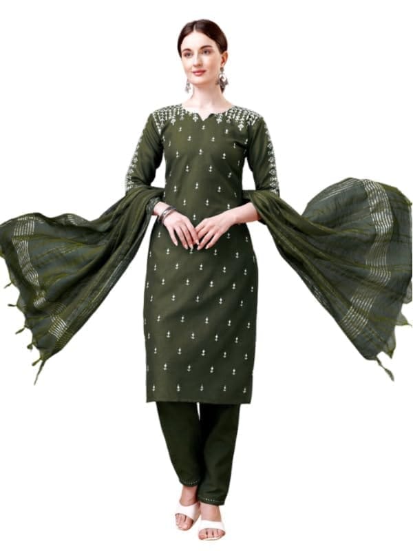 Women's Casual 3-4 th Sleeve Embroidery Cotton Kurti Pant Dupatta Set (Dark Green, L)-PID50218