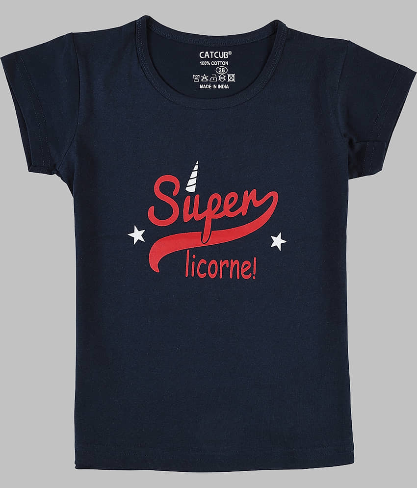 CATCUB Pack of 1 Girls 100% Cotton T-Shirt ( Navy Blue )
