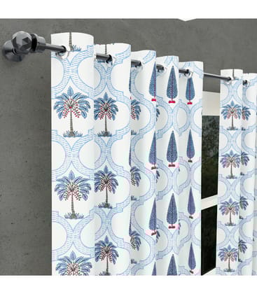 Hand Block Printed Blue Trees & Flowers Cotton Curtains/ Pure Cotton Drapes ( 7 feet  )